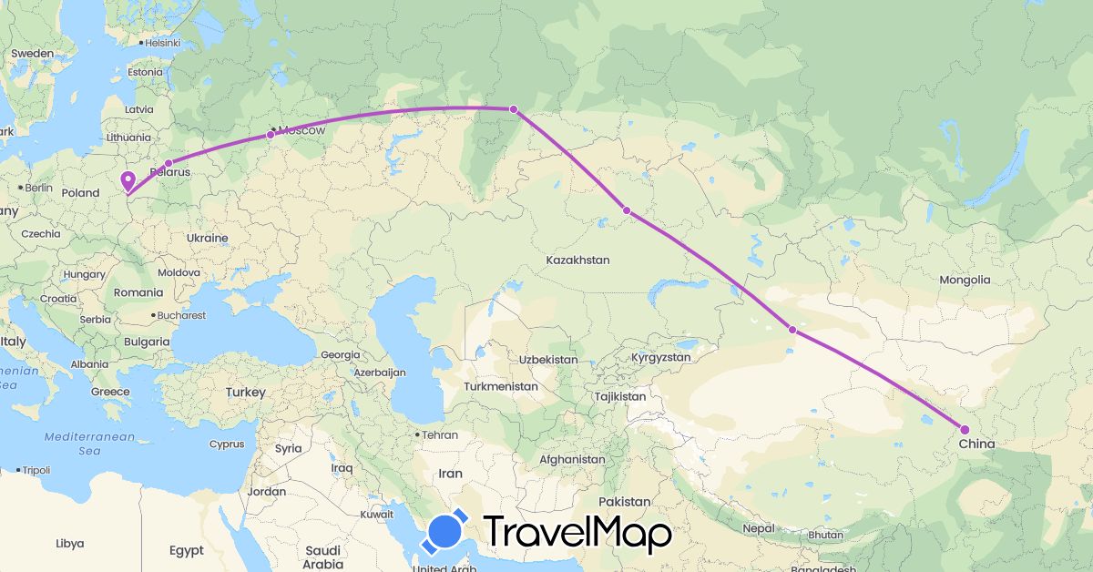 TravelMap itinerary: driving, train in Belarus, China, Kazakhstan, Russia (Asia, Europe)